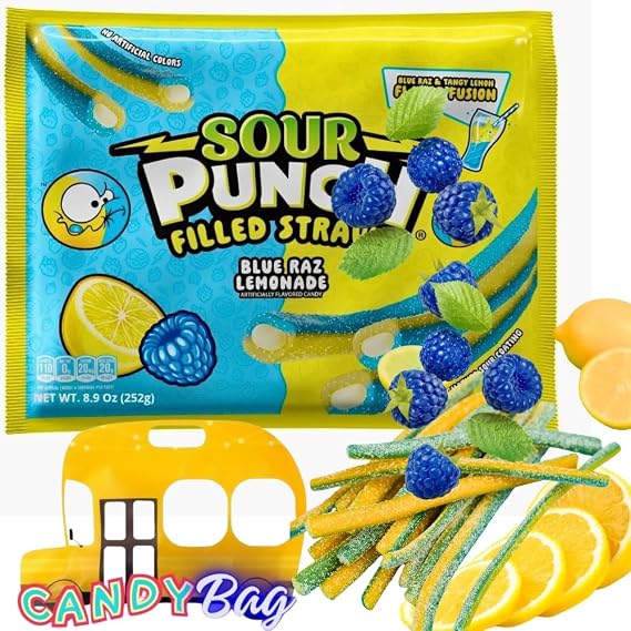 Sour Filled Punch Bites Straws Dual Flavor Candy (Lemon+Blue Raspberry)