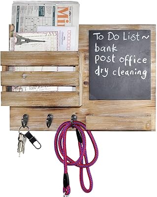 Key Hooks Holder, Entryway Mail Sorter Envelope Organizer Chalkboard, Leash Purse Hanging Rack, Home Decorative Wall Floating Shelf, 16.5 W x 12 H x 4 D, Rustic Wood Grey