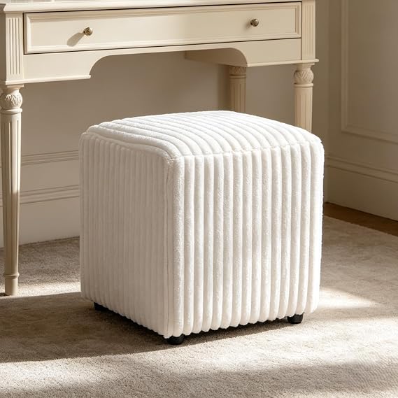 YDcosyfy Modern Cube Ottoman, Corduroy Vanity Stool Footrest, Upholstered Stool for Makeup, Bedroom, Living Room, White