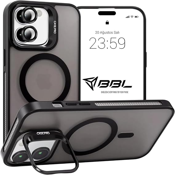 Babilden iPhone 11 İçin Kılıf Kamera Korumalı Magsafe İle Uyumlu Kablosuz Şarj Özellikli Mat Şeffaf Renkli Standlı Lens Hediyeli Telefon Kılıfı (Siyah)
