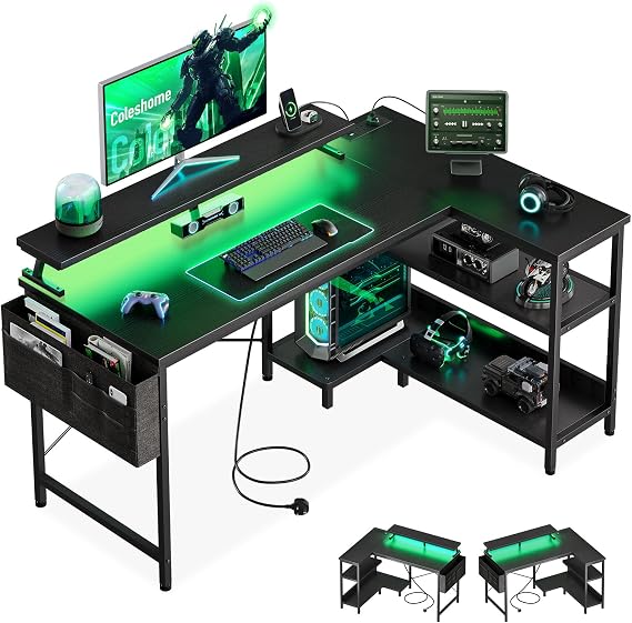 Coleshome L Shaped Gaming Desk with LED Lights & Power Outlet, 100x70 cm | Black Computer Desk with Shelves for Small Spaces, Corner Gaming Table with Monitor Stand for Work Play Home Office