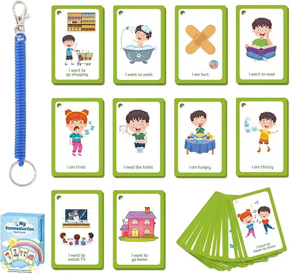 VINSPIRE Communication Cards PECS Flashcards - 32PCS Pecs Cards Sign Language Flash Cards, Non Verbal Children and Adults with Autism for Visual Aid or Cue Flash Cards with Loss Prevention Strap