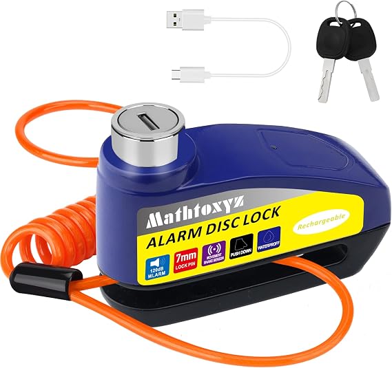 Motorcycle Lock Rechargeable, 120dB Alarm Disc Brake Locks Anti-Theft Security Wheel Disc Lock Waterproof with 5ft Reminder Cable and Carry Pouch for Motorbike Bike Scooter