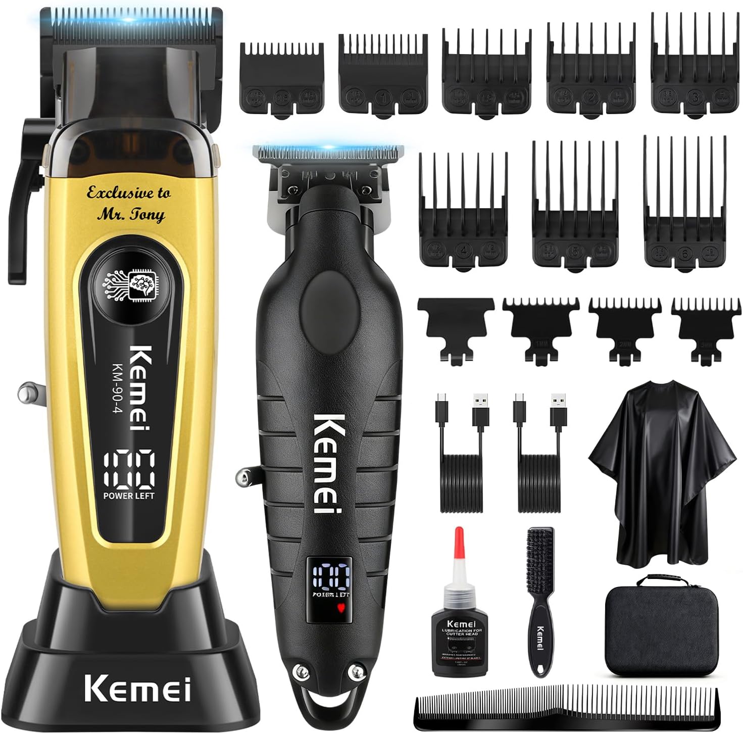KEMEI Professional Hair Trimmer for Men Cordless Hair Cutting Kit Hair & Beard Trimmer Set Barber Clipper USB Rechargeable Hair Clipper Combo Set KM-90-4 KM-2293 Gold+Black