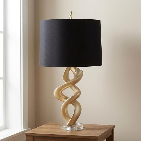 Sagebrook Home Modern Gold Table Lamp Swirl Design, Black Linen Drum Shade, Resin & Crystal Base Ideal for Bedroom, Living Room, Office, or Home Decor, 30 Inches