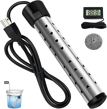 2000W Immersion Heater, Portable Electric Water Heater Fast Heating for Buckets Bathtubs, Submersible Water Heater with LCD Thermometer 304 SS Guard, 5 Gallons of Water in Minutes