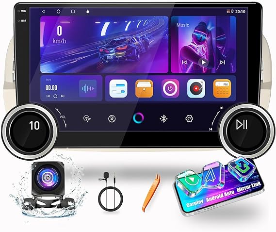 for Fiat 500 2007-2014 Physical Display Knobs CarPlay/Android Auto Autoradio FM Radio Car Navigation Stereo Pad Player GPS 10.1" QLED Touch Screen BT WiFi 2 Din Headunit Tablet Quad Core 2G+64G