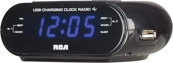 RCA USB Charging Clock Radio, .6 Blue LED Display, Brightness Display, FM Radio with Presets, Dual Wake, Sleep Timer, and Snooze Functions