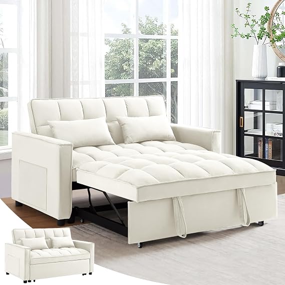 Antetek 3 in 1 Convertible Sleeper Sofa Bed, Modern Velvet Loveseat Futon Couch w/Pullout Bed, Small Love Seat Lounge Sofa w/Reclining Backrest, Toss Pillows, Pockets, Furniture for Living Room, Beige