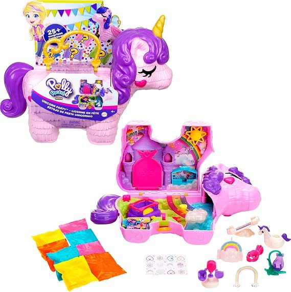 Polly Pocket Unicorn Party Large Compact Playset with Micro Polly & Lila Dolls, 25+ Surprises to Discover & Fun Princess Party Play Areas: Bouncy House, Castle, Swings, Water Floatie & More