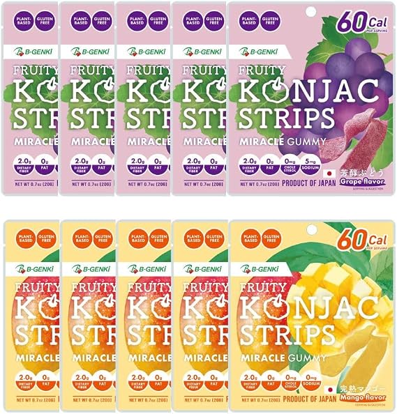 B-GENKI KONJAC STRIPS Assortment Mango, Grapes, 0.7 oz 20 g x 10 Piece Set, Konjaku, Gummy, Snacks, Healthy, Low Calorie Dietary Fiber, Konja Gummy, Kumamoto Sweets, Souvenir