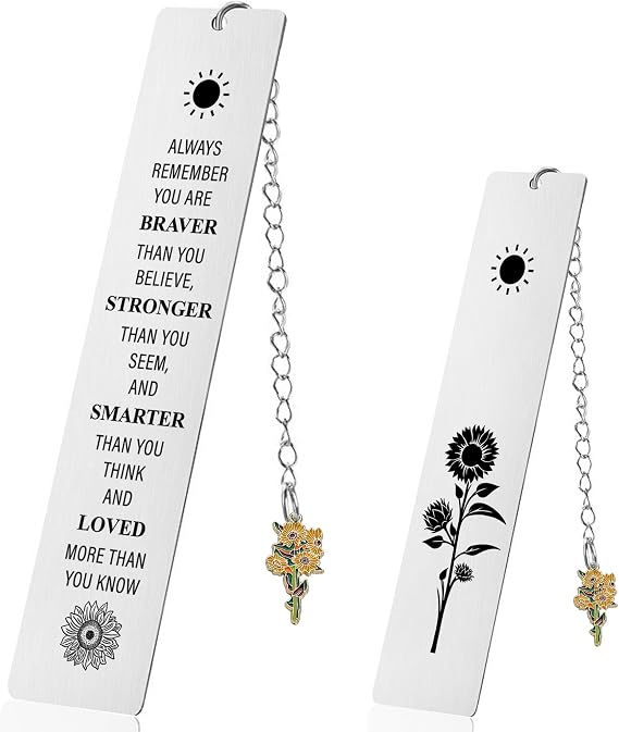 Inspirational Gifts Sunflower Bookmark for Women - Always Remember You are Braver Than You Believe Motivational Bookmarks, Encouragement Gift for Him Her Book Lovers Silver