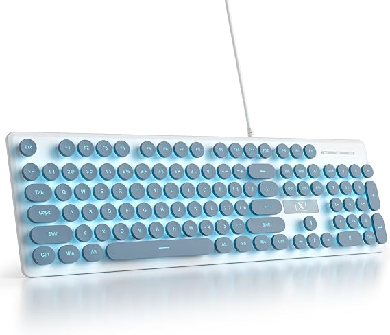 Typewriter Keyboard 104-key Punk Gaming Retro Keyboard LED Ice Blue Backlit Cute Keyboard with Wired USB Suitable for PC/Win/Mac/Laptop Computer Keyboard(Blue)