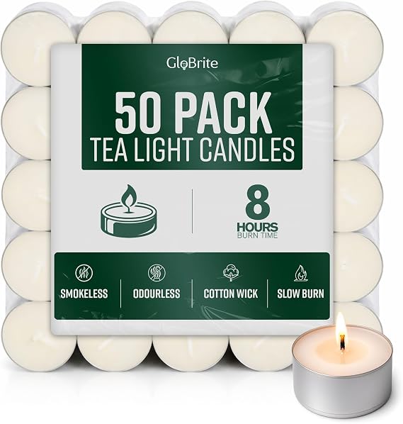 GloBrite Unscented Tea Lights – 8-Hour Long Burning Candles with Aluminum Cups for Home, Events & Decor (Pack of 50)