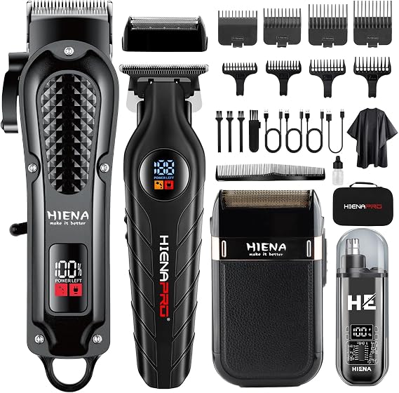 HIENA PRO Cordless Hair Clippers for Men, Barber Kit | Beard Trimmer & Elecatric Shaver & Nose Hair Trimmer Set, Rechargeable Barber Clipper