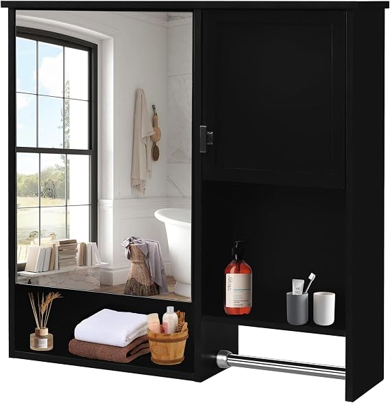 Medicine Cabinet with Mirror, Wall Mount Cabinet with Door and Adjustable Shelf, Bathroom Mirror Cabinet with Towel Bar, Mirror Medicine Cabinet with Storage Over The Vanity (Black)