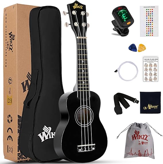 Winzz Soprano Ukulele Starter Kit For Beginners with Bag, Clip-On Tuner, Extra Strings, Strap, Plectrum, Fret Stickers, Chords Card, Polishing Cloth, Black