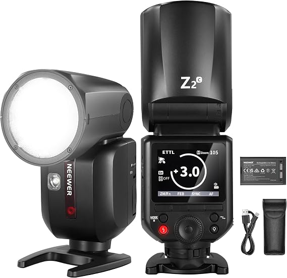 NEEWER Z2-C 2.4G TTL Round Head Flash Speedlite Compatible with Canon, 76Ws 1/8000s HSS Flash with Upgraded UI, 2 Modeling Lamps, TTL/M Quick TCM Switch, 7.2V/3000mAh Battery, 600 Full Power Flash