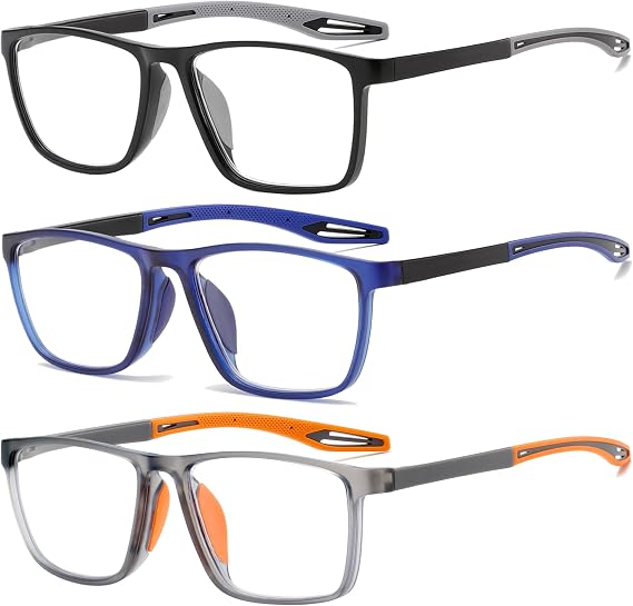 3 Pack Reading Glasses Men Sporty Blue Light Blocking Comfortable and Flexible Lightweight Readers