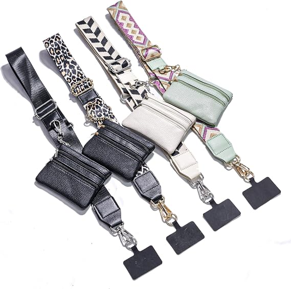 Clip and Go Phone Strap with Wallet Crossbody, Phone Chain Cross Body with Detachable Zippered Pouch, Lanyard with Purse, Adjustable Mobile Strap (Black+White+Green+Leopard)