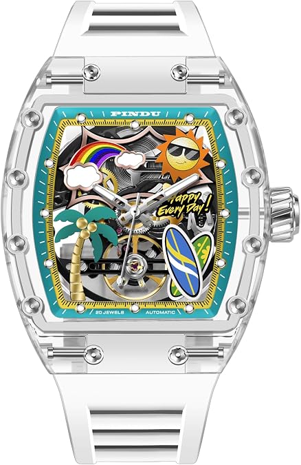 Automatic Watches for Men Tonneau Beach Style Skeleton Mechanical Watch, 50M Waterproof Analogue Unique Cool Square Big Face Dial, Silicone Strap, Self-Winding & Manual Winding Men's Wrist Watch