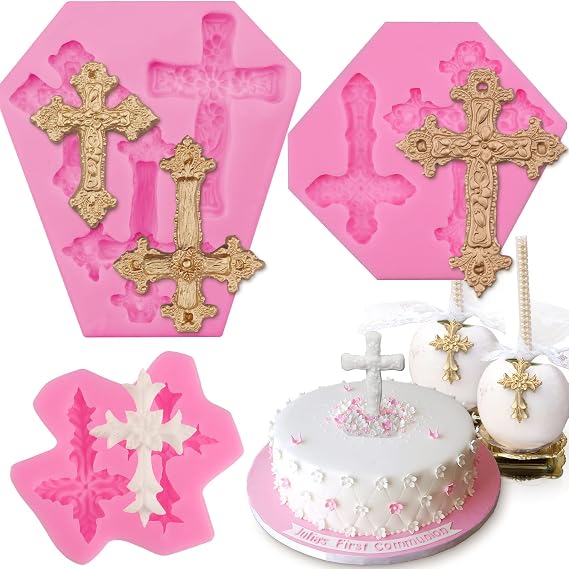 3 Pcs Cross Molds Silicone, Cross Chocolate Mold, Fondant Molds | Rich Texture Details, Cross Silicone Molds for Chocolate Cake Fondant Candy Clay Cupcake Candle Baptism