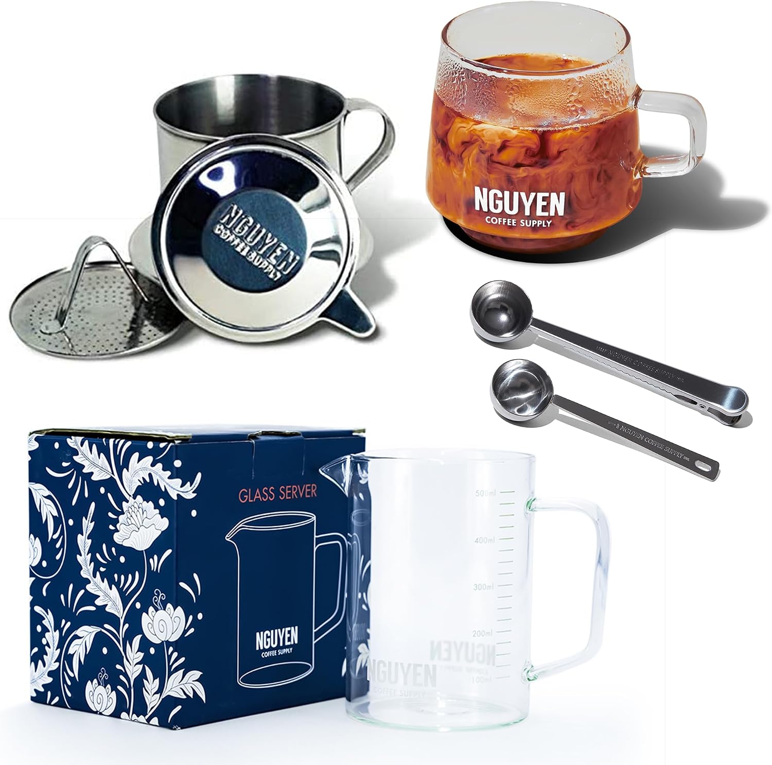 Nguyen Coffee Supply - Family-Sized Vietnamese Coffee Brewing Tool Kit with Glass Server, Glass Mug, Coffee Scoop Gift Set, and Stainless Steel 12oz Phin Filter