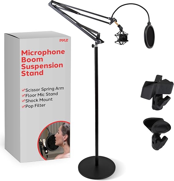 Pyle Microphone Boom Suspension Stand - Scissor Arm Mic Mount w/Shock Mount, Integrated Pop Filter, 3.1' ft. Max Extension, Suitable for Podcast Recording, Broadcasting, Streaming, Stage & Studio Use