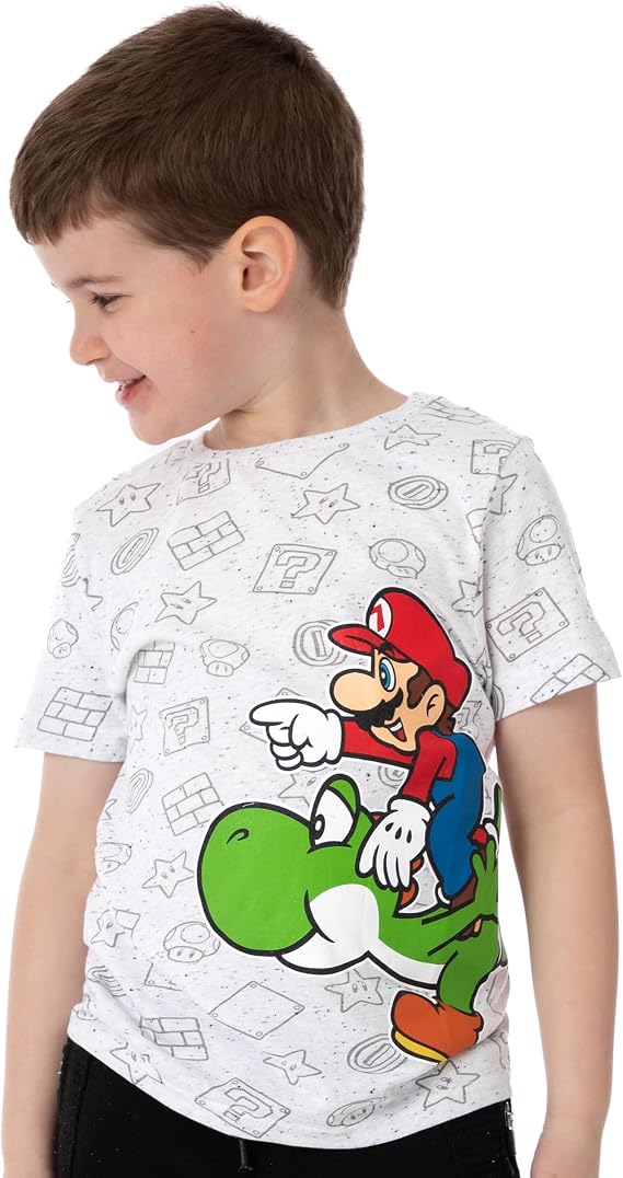 Super Mario Nintendo and Yoshi Boy's Kids Grey Character T-Shirt Top