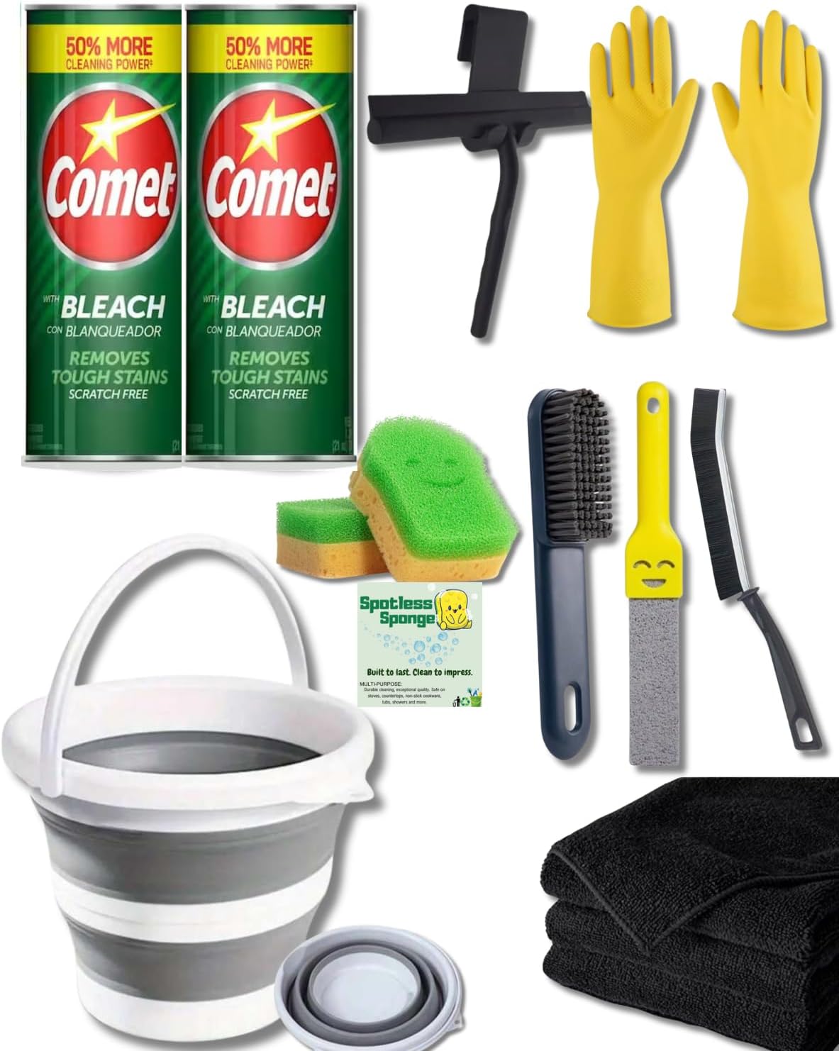 Cleaning Supplies. 2 Comet Powder Cleanser with Bleach, 2 Spotless Sponge, 5L Collapsible Bucket, Scrub Brush, 3 Microfiber Cloth, Crevice Brush, Squeegee, Pumice Stone, Latex Gloves. Home, Kitchen