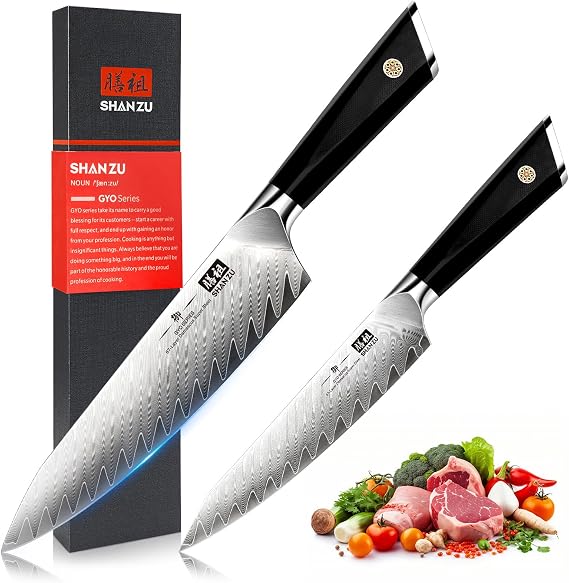 SHAN ZU 2PCS Damascus Chef Knife Set,Japanese Steel Kitchen Knife Set, Professional Kitchen Utility Knives Set High Carbon Super Sharp, 67-Layer Damascus Steel Cooking Knife Set with G10 Handle