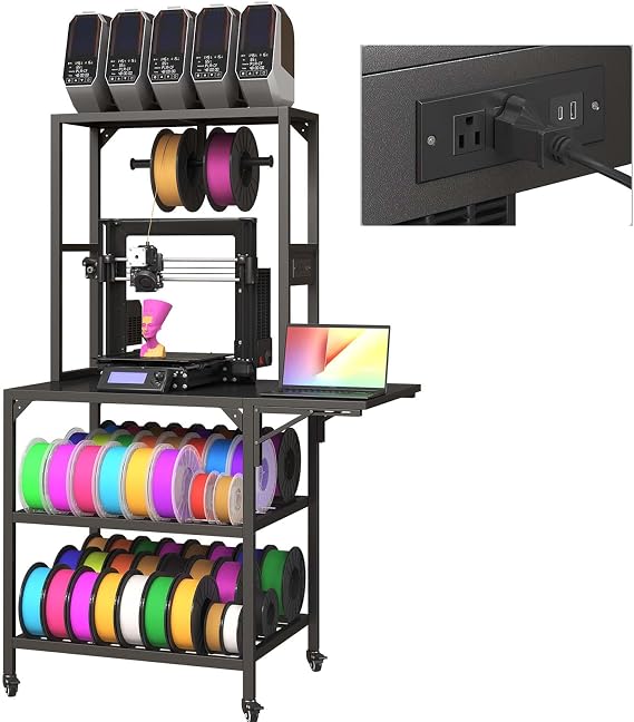 3D Printer Stand with Filament Storage Rack, T-Shaped Spools Holder Rack Cart with Wheels, Heavy Duty 3D Printer Table Workbench for Workshop Studio Home Office Garage, Black