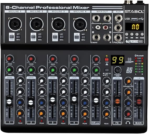 Professional Metal 6 Channel Audio Mixer with BT, Audio Interface Sound Board Mixing Console 99-Bit DSP Reverb Effect and 48V Phantom, DJ Mixer Audio for Karaoke Studio Live Streaming Recording