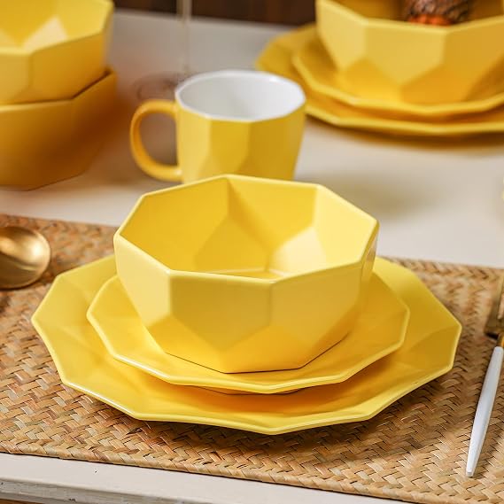 Stone + Lain Jamie Porcelain 16-Piece Geometric Dinnerware Set, Yellow