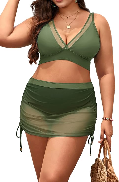 Women's Plus Size Bikini Sets Two Piece Mesh Sarong Wraps Swimsuit
