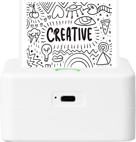 Mini Portable Thermal Printer, Bluetooth Inkless Pocket Printer with 3 Adhesive Rolls and 2 Non-Adhesive Rolls, Monochrome Label, Receipt and Image Printer, 200 Dpi, White