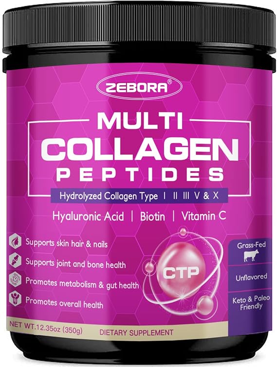 ZEBORA Multi Collagen Peptides Powder for Women, 35 Servings | Hydrolyzed Collagen Peptides Type I II III V X with Hyaluronic Acid, Biotin & Vitamin C, Supports Skin Hair Nail & Joint