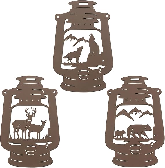 Rustic Metal Wall Art Decor, Bear Wolf Deer in the Kerosene Lamp Decor