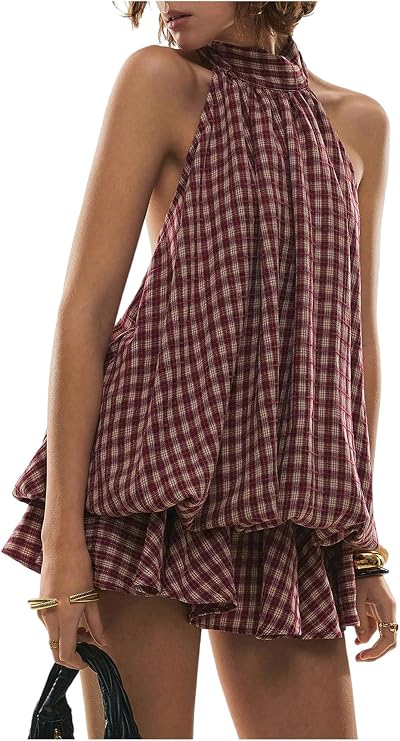 SOLY HUX Women's Plaid Halter Mini Dress Ruffle Bubble Hem Going Out Dress