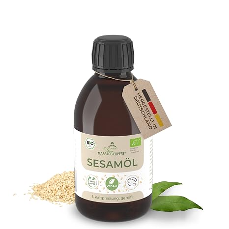 MASSAGE-EXPERT Organic Sesame Oil Cold Pressed & Matured - for Kitchen Ayurveda Care & Massage (250ml rePET Bottle with Syringe Insert)