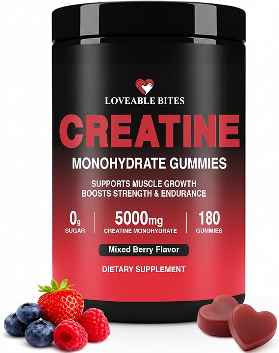 Loveable Bites Creatine Monohydrate Gummies, 5g Dose for Men & Women to Support Muscle Strength, Energy, Endurance & Recovery, Sugar-Free, Vegan, Pre-Workout Supplement, Mixed Berry Flavor, 180 Count