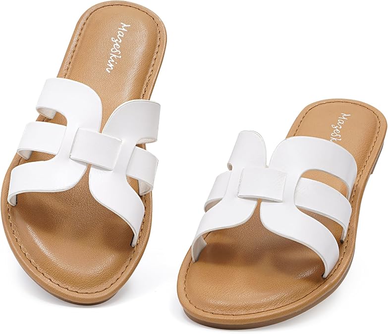mazeskin Womens Memory Foam Vegan Leather Flat Slide Sandals | H-Band Cushioned Comfortable Soft Slip On Dressy Casual Beach Cutout Summer Shoes Open Toe
