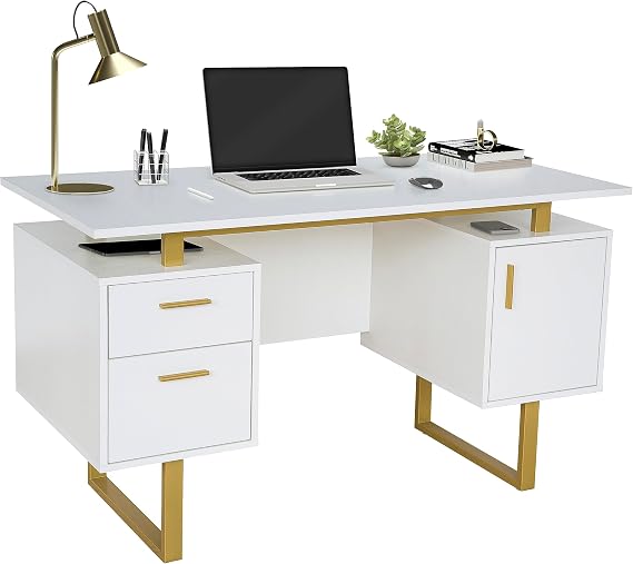 Techni Mobili 51"W Computer Desk w/ 2 Drawers & Storage Cabinet, White/Gold