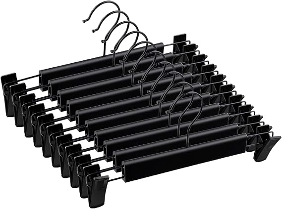 10 Pack Trouser Hangers with Adjustable Clips, Space-Saving Skirt Hangers with 360° Rotating Rust-Resistant Hooks for Trousers, Skirts and Clothes, Black
