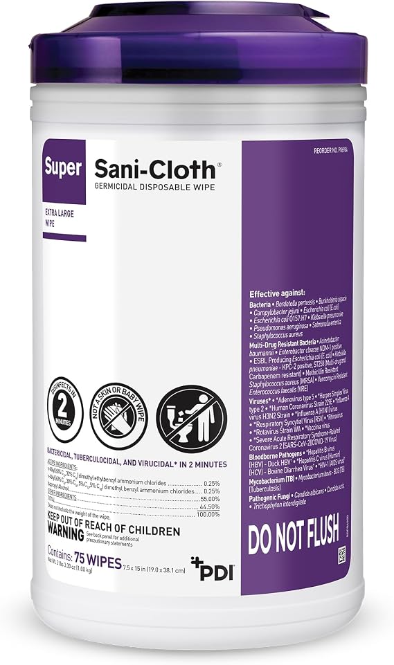 Super Sani-Cloth X-Large Germicidal Disposable Wipe, Hospital-Grade Disinfection, Purple Top, 1 Canister of 75 XL 5'' x 8'' Wipes