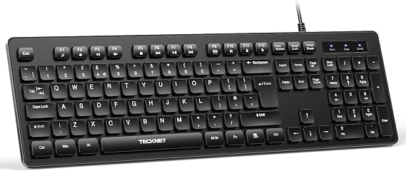 TECKNET Wired USB Keyboard, Full-Size, QWERTY UK Layout, Black