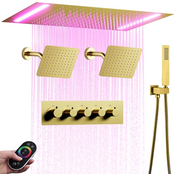 Full Body Multi Smart Shower System with Duel 8 inch Shower Head For Couples, Modern Ceiling Rain LED Shower Head, 4 Ways Thermostatic Shower Set (Brushed Gold, 20X14 Inch Shower)