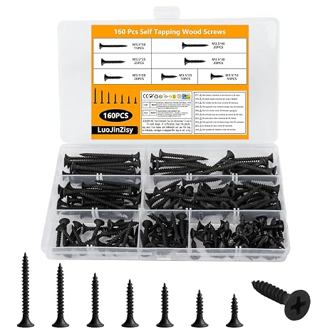 160 Pcs M3.5 Black Flat Countersunk Self Tapping Wood Screws Set
