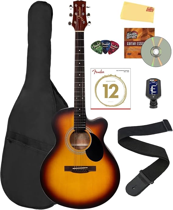 Jasmine S34C NEX Orchestra-Style Cutaway Acoustic Guitar - Sunburst Bundle with Gig Bag, Tuner, Strings, Strap, Picks, Austin Bazaar Instructional DVD, and Polishing Cloth