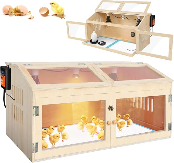 Intelligent Chicken Brooder Box for Chick with Digital Thermostat, 32" Wide Large Wooden Chick Brooder Box with Heating Lamps, Sliding Drawers & Door Handle for Hamster Chicks Duck Indoor Outdoor